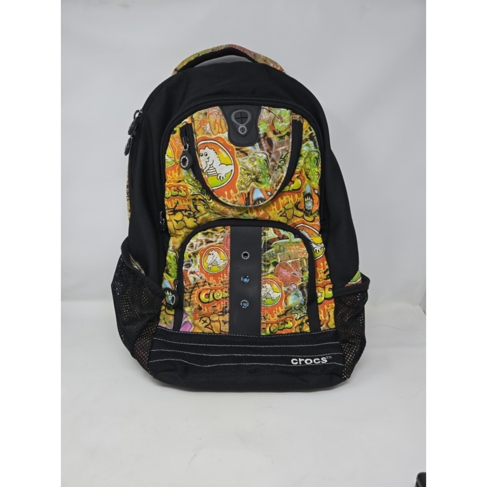 Crocs Graffiti Print Backpack Black Orange Green Jibbitz Charms Holes School Bag